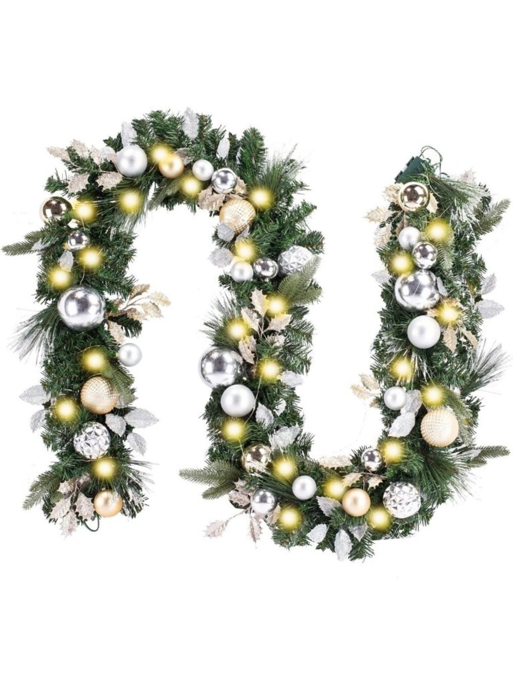 WANNA-CUL Pre-Lit 9ft Christmas Garland with Lights 50LED Pale Gold Baubles